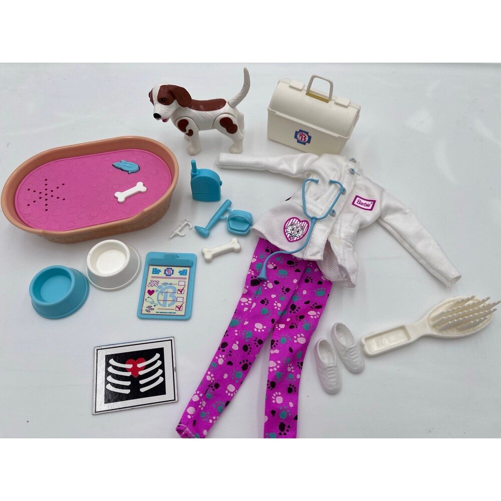 Vintage ‘90s Barbie Vet Playset 18 pc Lot Doctor Outfit Dog Bed Medical Acc.